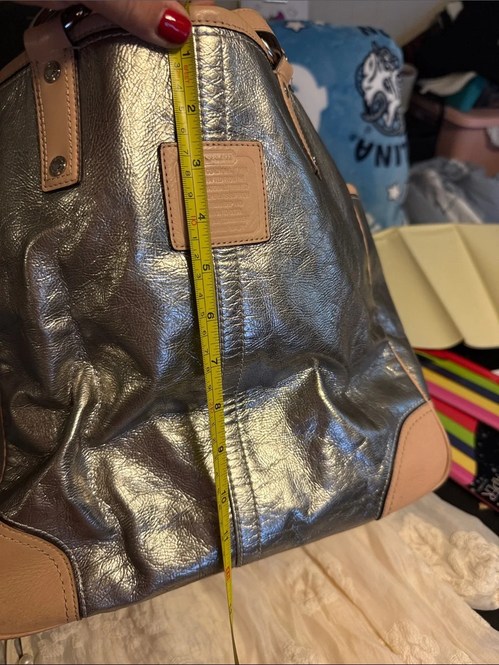 Coach Metallic Gray and Tan Leather-Trim Tote